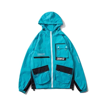 

Spring 2019 Harajuku Hooded Jacket Men Hip Hop Streetwear Retro Jacket Windbreaker Vintage Color Block Track Jacket Coat Hoodie