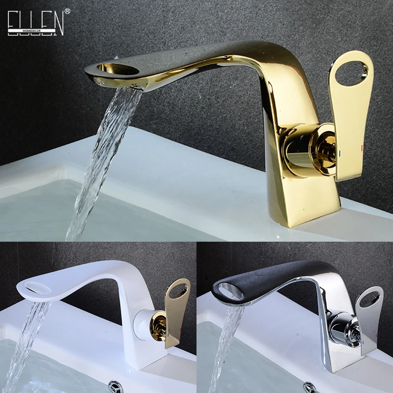 

ELLEN Gold Faucets Hot Cold Water Mixer Originality Bathroom Basin Sink Faucet Deck Mount White Faucet ELF1467