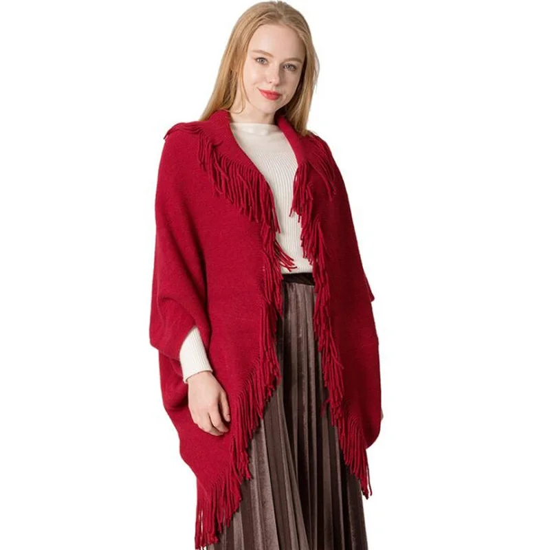 Новая накидка с кисточками Женский Зимний вязаный Свободный плащ черный Boho Пончо Накидки шаль счвитер пальто накидка пончо