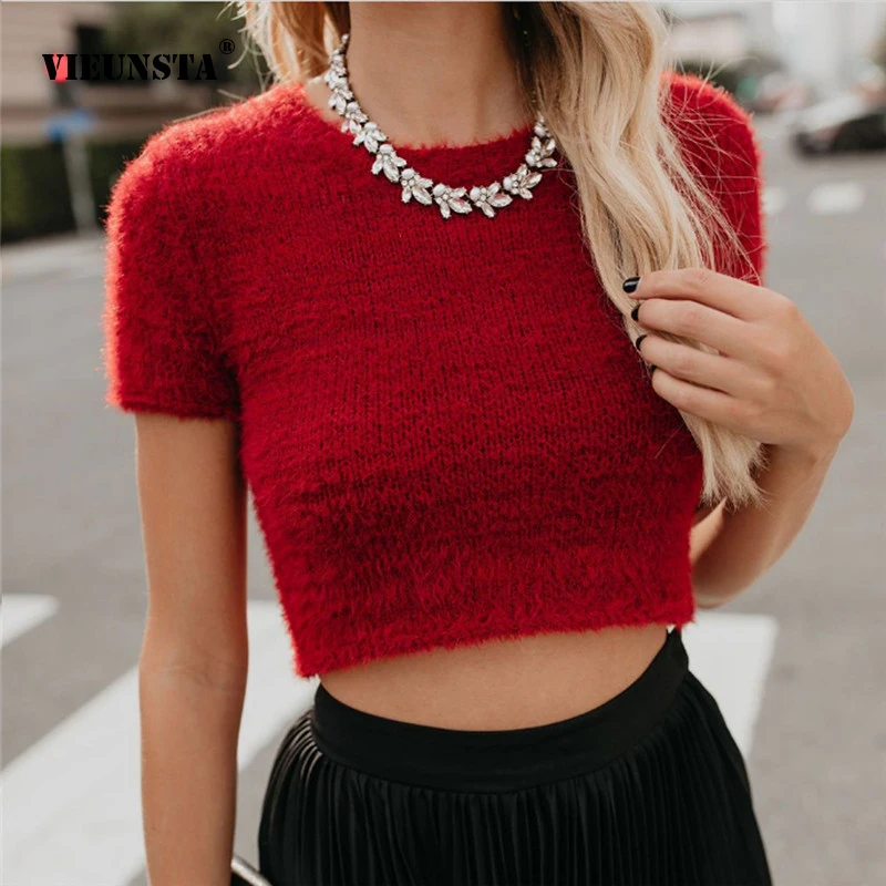 

VIEUNSTA Autumn Sexy Knitted Crop Short Sweater Top Elegant Ladies Streetwear Short Sleeve Pullovers Casual O Neck Solid Sweater