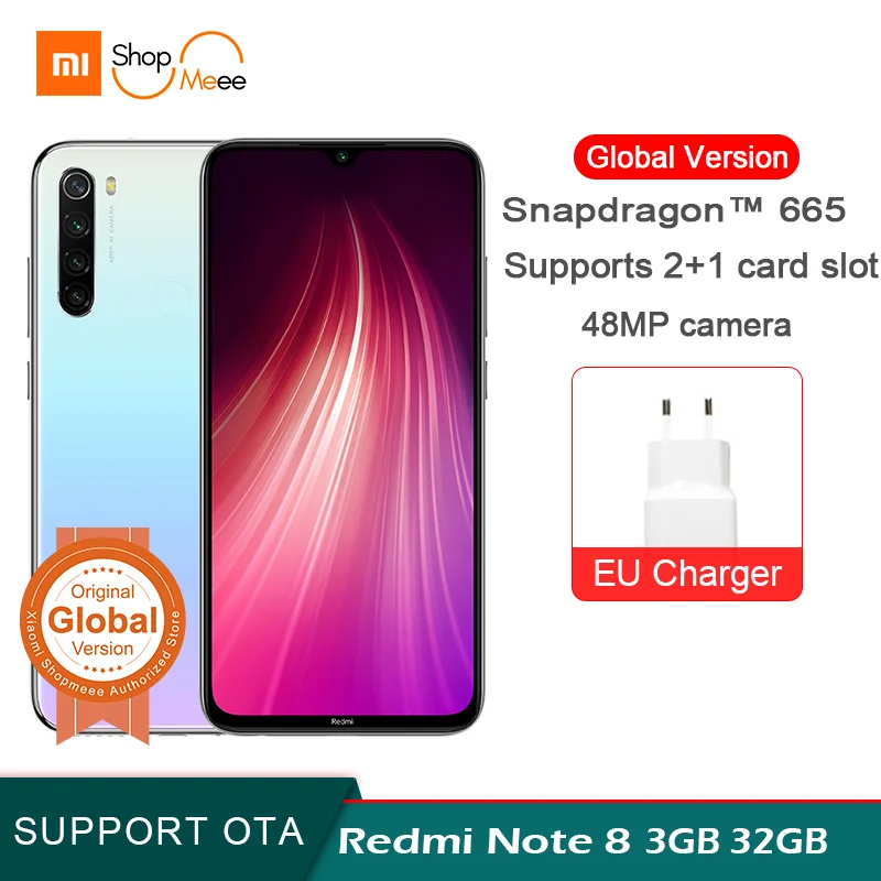 Xiaomi Redmi Note 8 с глобальной версией, 3 ГБ, 32 ГБ, восьмиядерный смартфон Snapdragon 665, 6,3 дюйма, 48мп, четырехъядерный, задняя камера, мобильный телефон, 4000 мАч