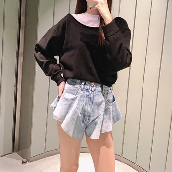 

Women jeans High waist cotton washed loose denim shorts casual wild Wide leg pants