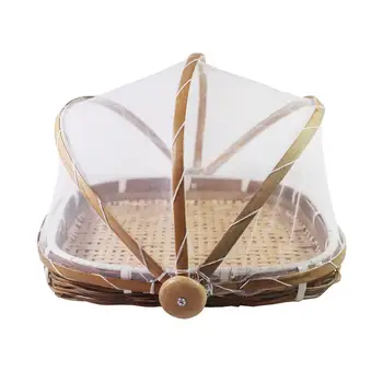 

1Pc Hand Woven Bug Proof Basket Dustproof Picnic Basket Handmade Fruit Vegetable Bread Cover Wicker Basket With Gauze