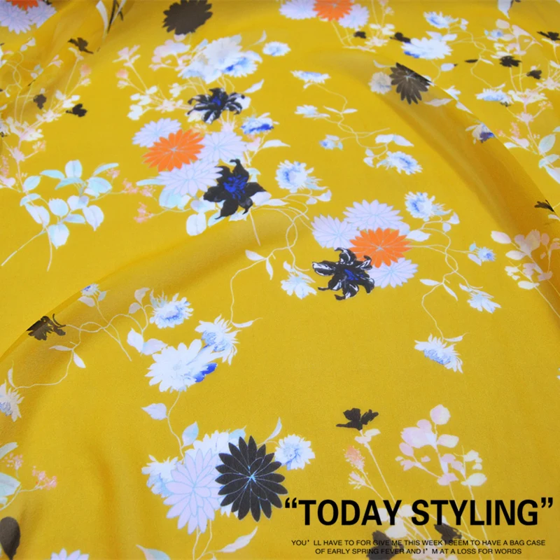 

Silk Georgette Chiffon Fabric Dress Bright Yellow Flower Large Wide Clothing