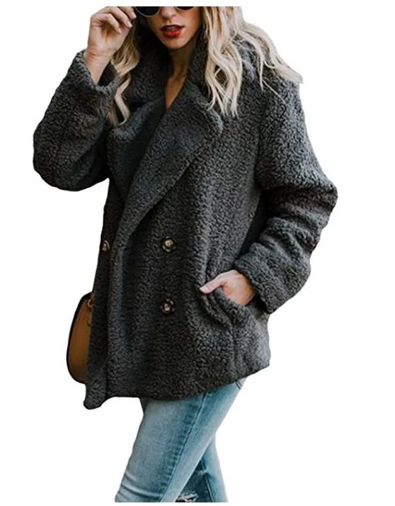 Autumn And Winter New Style AliExpress Hot Selling WOMEN'S Dress Plush Button Fold-down Collar Pocket Coat Tops