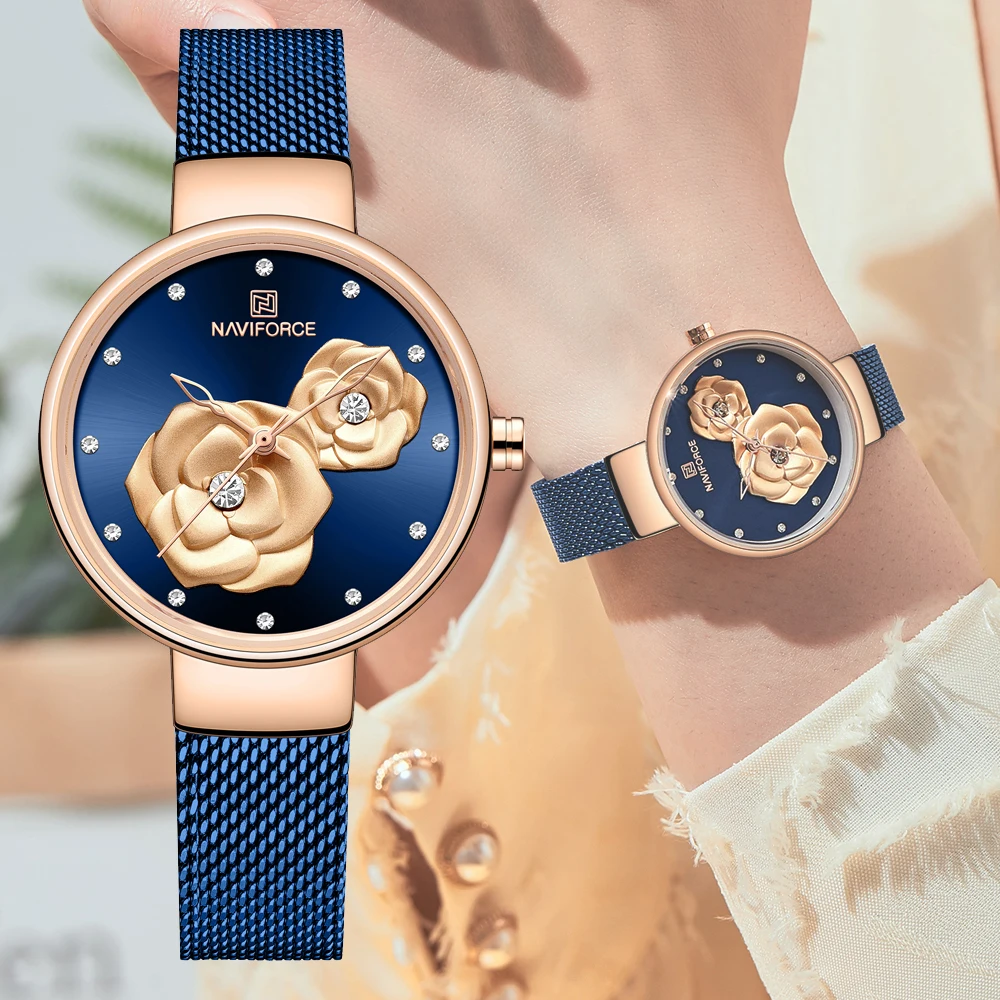 Top Brand NAVIFORCE Blue Stainless steel Waterproof Wristwatches For Women Quartz Watches Lady Fashion 3D Flower 2