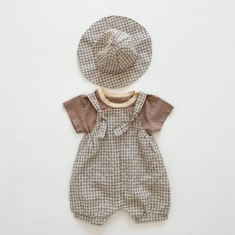 Korean Style Summer Infant Baby Boys Girls Clothes Set Cotton T-shirt+Lattice Jumpsuit+Hat Newborn Baby Girls Clothing Suit