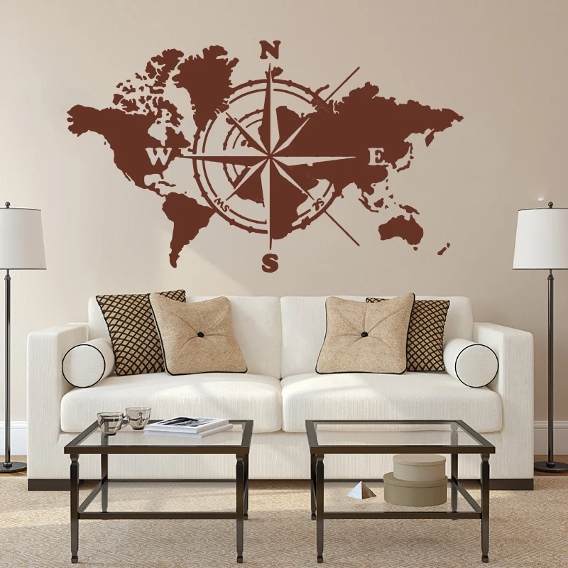 Grande Mappa Del Mondo Atlas Of The World Compass Wall Sticker Office Classroom Global Earth World Map Decal Camera Da Letto Vinyl Decor M365