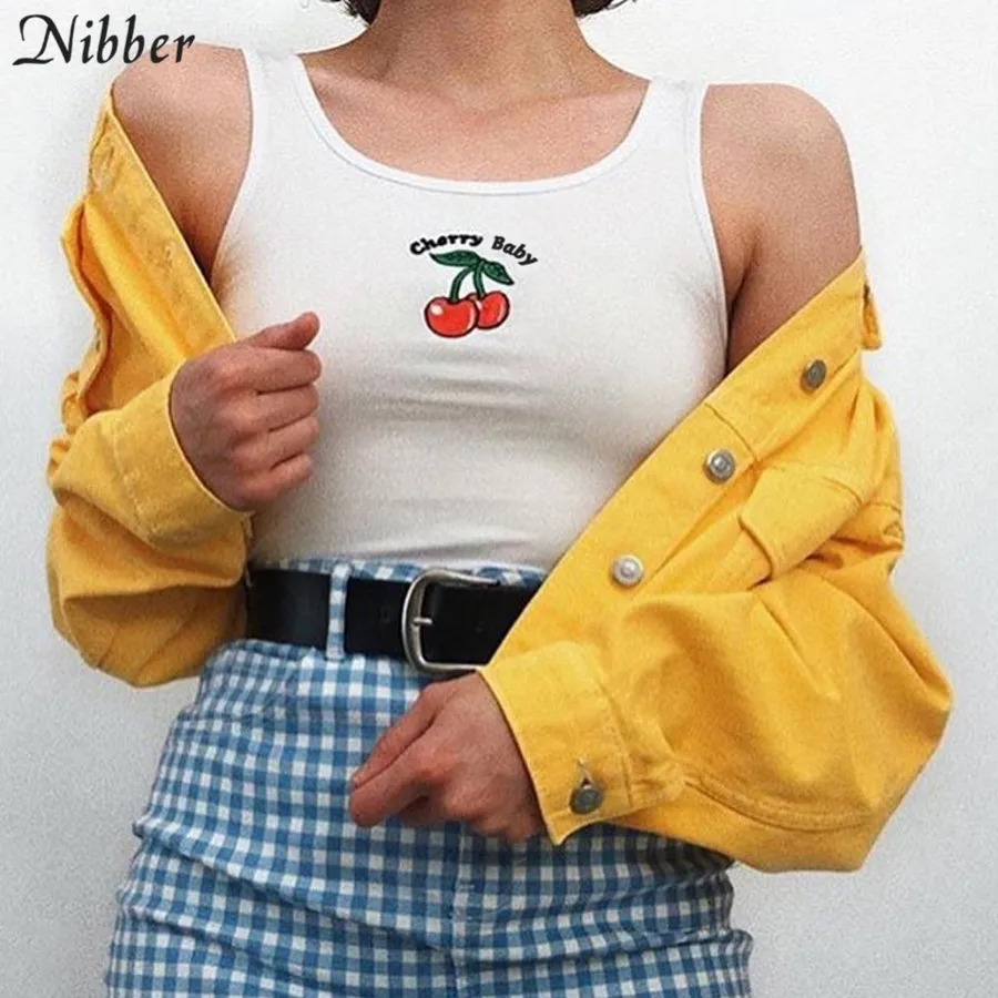 Nibber милый белый Хлопковый топик для женщин вишня вышивка короткий летний топ без рукавов основные эластичные футболки Mujer повседневные топы на бретелях