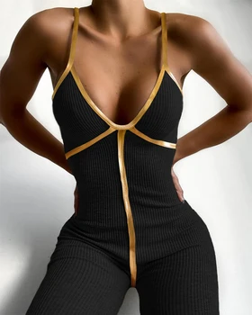 

Women Sleeveless V-neck Solid Ribbed Open Back Cross Sexy Jumpsuit Bodysuit Black