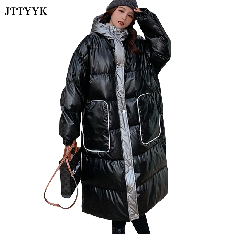 

Women's Winter Coat Shiny Waterproof Parka Long Section Down Jacket Korean Loose Casual Thickened Warm Cotton Jacket Female 2021