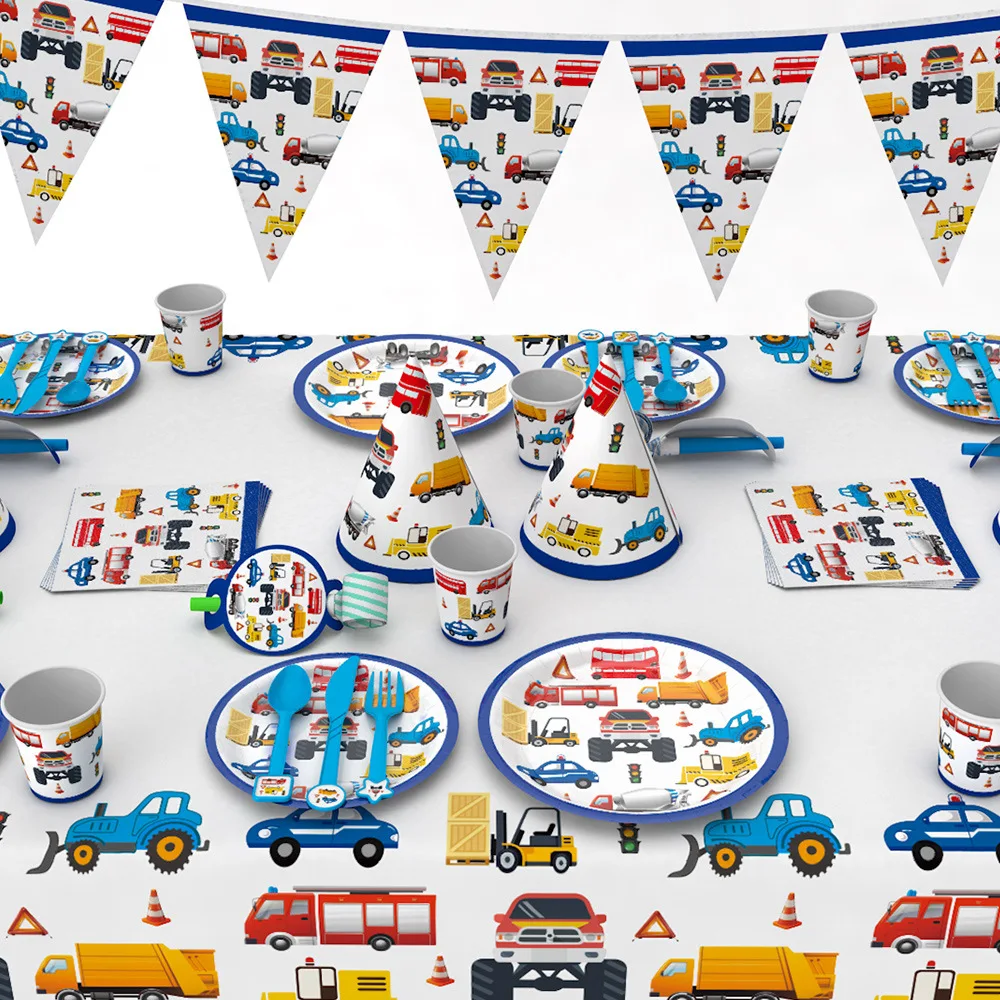 cheap Cartoon Cars Party disposable tableware Plate Napkin tablecloth Cup Construction vehicle Birthday Party Supplies decorations