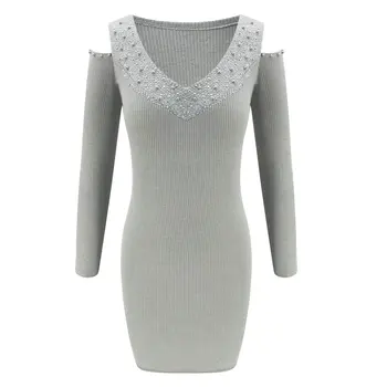 

Rhinestone Off Shoulder Dress Women Diamond Splicing Bodycon Long Sleeve Sweater Dress Vestidos Cortos Women Sexy Mini Dress