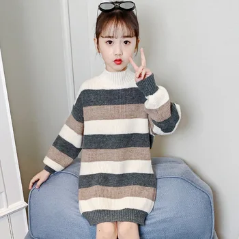 

Casual 2020 Winter Sweaters Baby Big Girls Striped Long Knit Tops Clothing Kids Cotton Long Sleeve Sweater Dresses Child Clothes