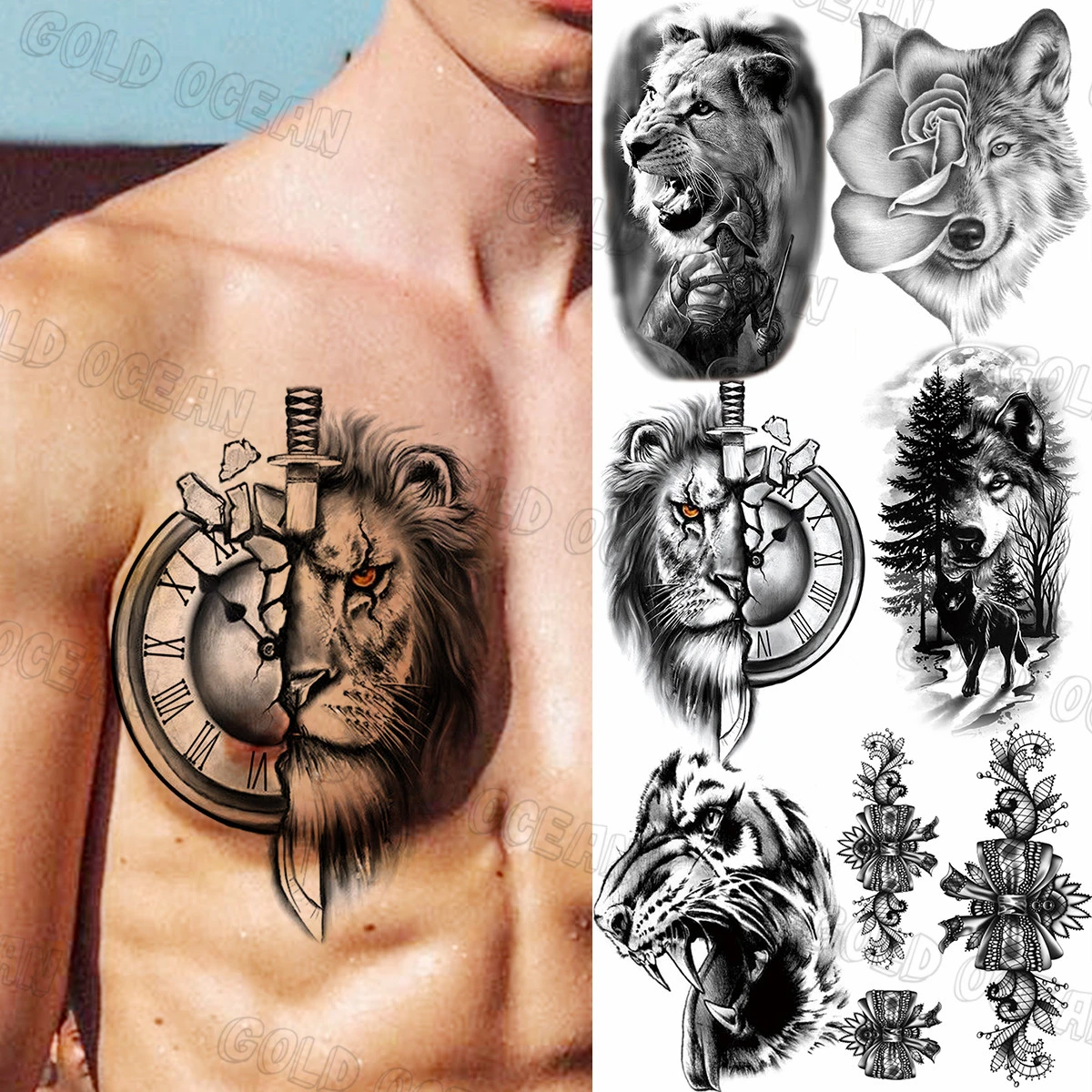 Lion Compass Dagger Temporary Tattoos For Men Adults Realistic Fox Wolf  Forest Fake Tattoo Sticker Warrior Forearm Tatoos Chest - Temporary Tattoos  - Aliexpress