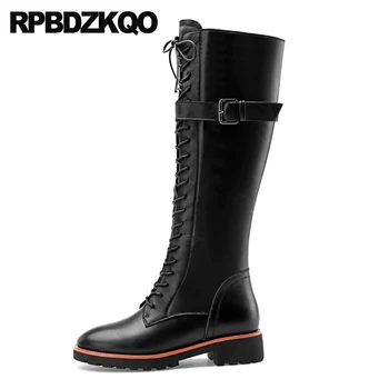 

fur tall block side zip boots fall winter black women low heel chunky lace up high quality round toe shoes knee long 2019 autumn