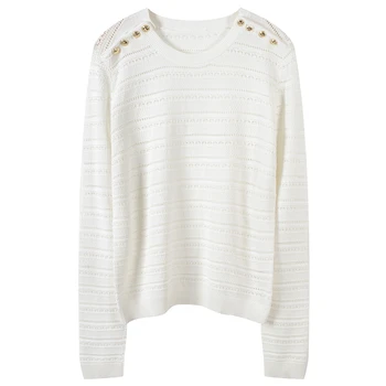 

2020 Design Spring Autumn Women Knitted Sweater Pullovers Long Sleeve Buttons Female Hollow Out Top Fashion Ladies Jumper