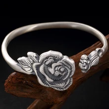 Настоящее твердое 999 Чистое Серебряная роза цветок браслет для женщин этнический Ретро Цветочный открытый тайский серебряный ювелирные изделия 925 серебро