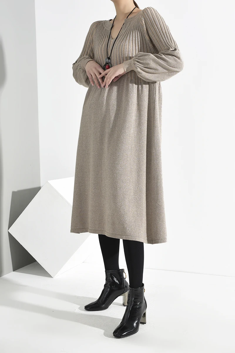 [EAM] женское Плиссированное трикотажное платье большого размера цвета хаки с v-образным вырезом и длинным рукавом, свободное модное весенне-осеннее платье 20201B84304