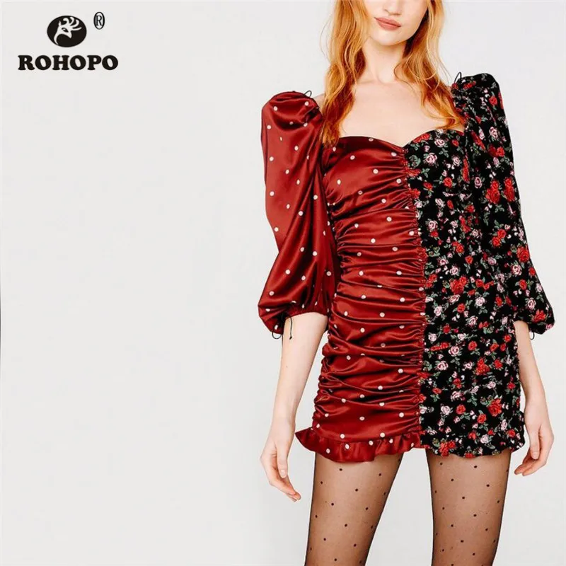 

ROHOPO Draped Puff Sleeve Polk Dot Rose Floral Bodcon Party Dress Patchaork Contrast color Chic Draped Female Mini Robe #9148