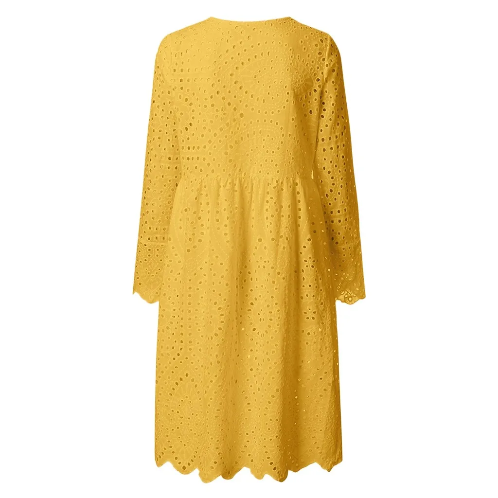 Элегантное выдалбливающее платье для женщин Boho, однотонное, v-образный вырез, длинные платья средней длины с длинным рукавом, Модный повседневный свободный сарафан, vestidos