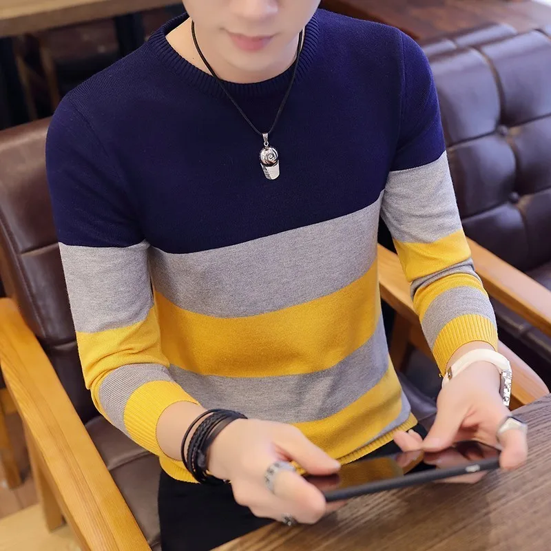 Striped Sweaters And Pullovers Men Long Sleeve Korea Style Knitted Sweater High Quality Pullover Homme Autumn Warm Navy Coat 3xl | Мужская
