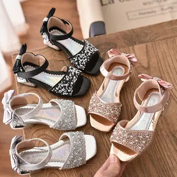 

Girls Bowtie Sandals 2020 New Fashion Summer Girls Bling Rhinestones Pearls Laser Pu Leather Rubber Princess Sandals Kids Shoes