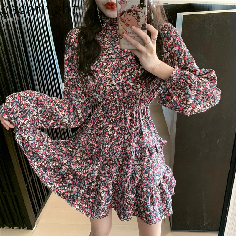 

Gaganight Vintage Floral Mini Short Women Dress Long Sleeve Ruffles Cake Dresses Casual Slim Spring Autumn New Fashion Vestidos