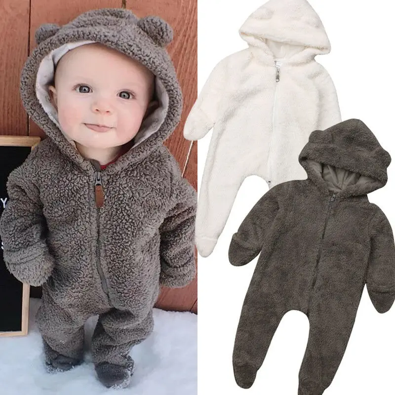 Newborn Baby Girls Boys Bear Velvet Outfits Jumpsuit Romper Winter Warm Clothes 