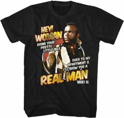 Rocky 3 Clubber Lang Hey Woman Real Man Licensed Adult T Shirt Great Movie | Мужская одежда