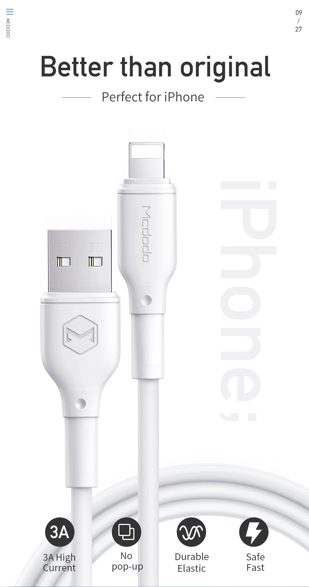 Mcdodo для usb lightning Кабель 3A для быстрой зарядки и передачи данных для iPhone xs max xr 8 7 6s plus 5 11 apple ipad pro Кабель для быстрой зарядки 1 м