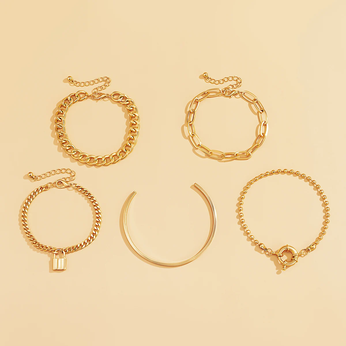 SHIXIN 5 Pcs Punk Chain Bracelets Bangles Set for Women Thick Gold/Silver Color Charm Lock Bracelets Fashion Hand Chains Jewelry