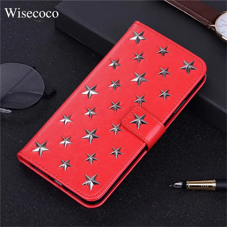 Red Роскошный кожаный чехол ручной работы для Iphone Xs 11 Pro Max Xr X 8 7 Plus Diy со звездами и заклепками, кошелек, держатель для карт, флип-чехол для книг Hoesje - Цвет: Red