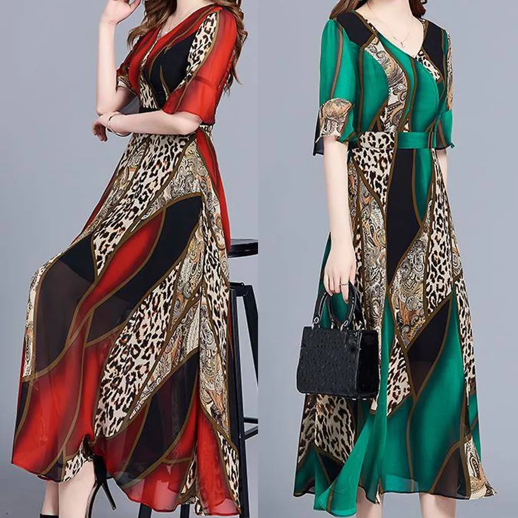 

Vintage Leopard Print Patchwork Boho Dress Plus Size Summer Casual Loose Beach Dress Modis V-neck Formal Dress Women Elegant #B