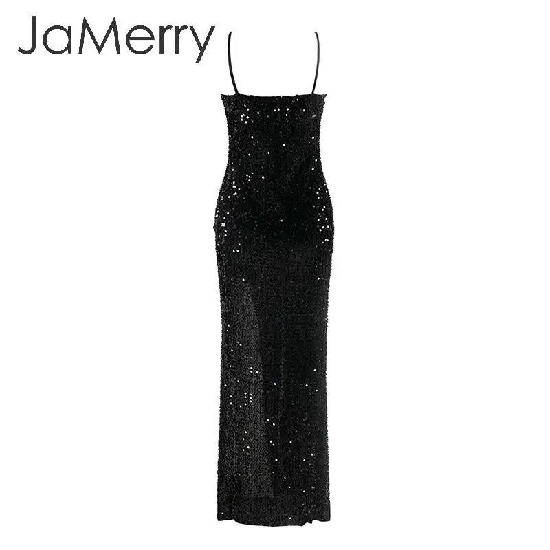 JaMerry, сексуальное длинное платье с v-образным вырезом, расшитое блестками, женское платье на тонких бретелях, платье с разрезом размера плюс, элегантные облегающие Вечерние Платья vestidos de fiesta
