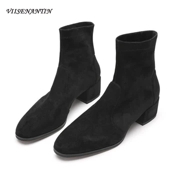 

Women's Spring Autumn New Mid-heel Short Tube Thick Heel Slip-on Ankle Boots Stretch Stocking Boots Square Head Flock Thin Boots