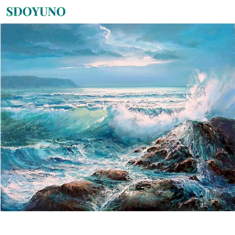 

SDOYUNO 40x50cm Digital Painting By Numbers Sea Wave rock Scenery DIY Canvas Painting Unique Gift Home Decor Paint By numbers