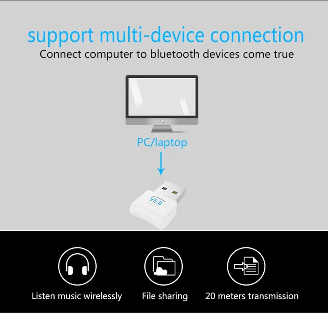 Беспроводной адаптер с Bluetooth 5,0 Bluetooth Dongle для USB Plug and Play 10(Мбит/с) настольный компьютер 20(м