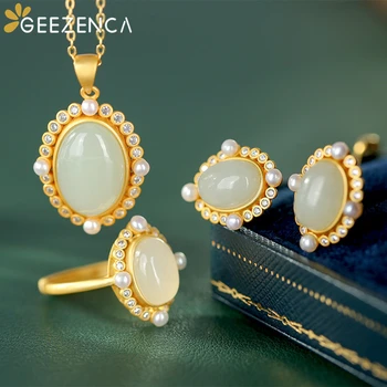 

925 Sterling Silver Hetian Jade Gold Plated Jewelry Sets Ring Necklace Stud Earring Classic Oval Pearl Zircon Fine Jewelry Women