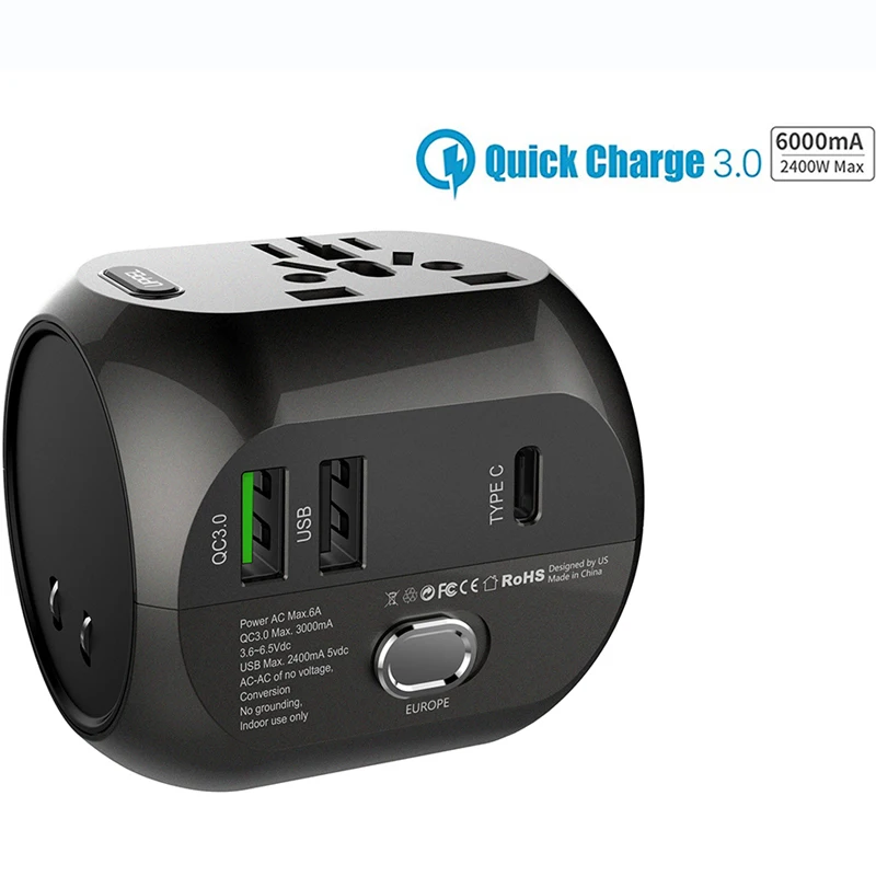 

Universal EU US AU & UK All in One Travel Adapter Kit with Multi-port Quick Charger 3.0 USB Type C Max 30W/6000mAh Dual Fuse