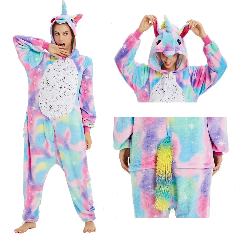 Kigurumi Onesie аниме женские костюмы косплей мультфильм животных пижамы Ститч звезда Единорог кролик зима теплый с капюшоном
