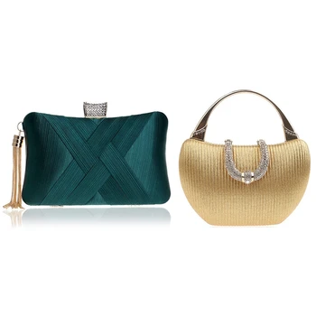 

LJL-Women's Evening Clutches Bags Silk Satin with Tassel Pendant,Dark Green & Sequin Sweet Lady Fashion Handbags Gold