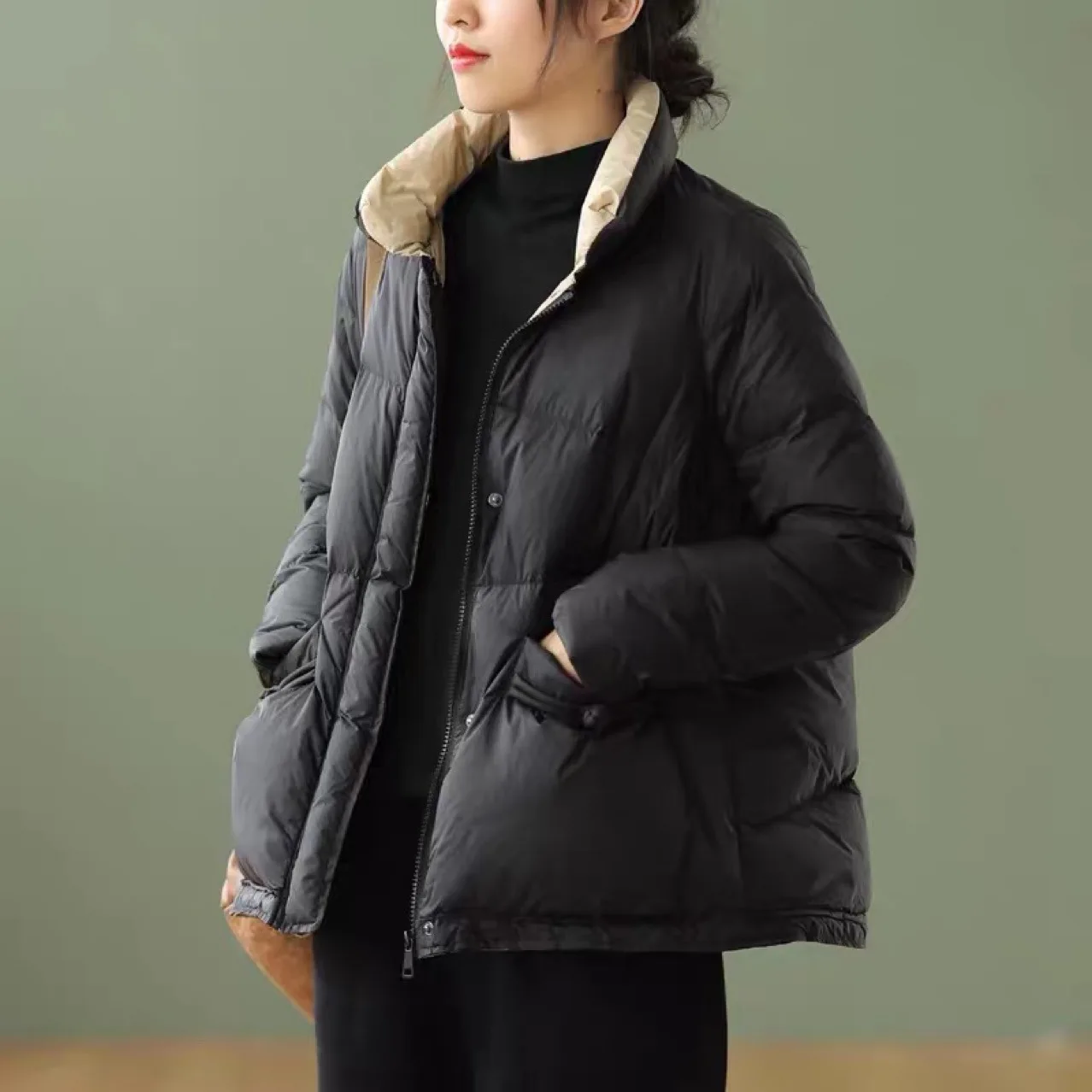

2021 New Women's Literary Long Sleeve Warm Down Jacket For Ladies Winter Stand Collar Solid Color White Duck Down Zipper Coat
