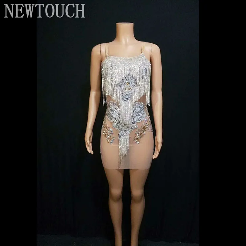 

Shining Rhinestone tassel Sexy high-elastic Sling Dress Female Singer Dancer Bright Bodysuit One-piece Party Sexy Dresses