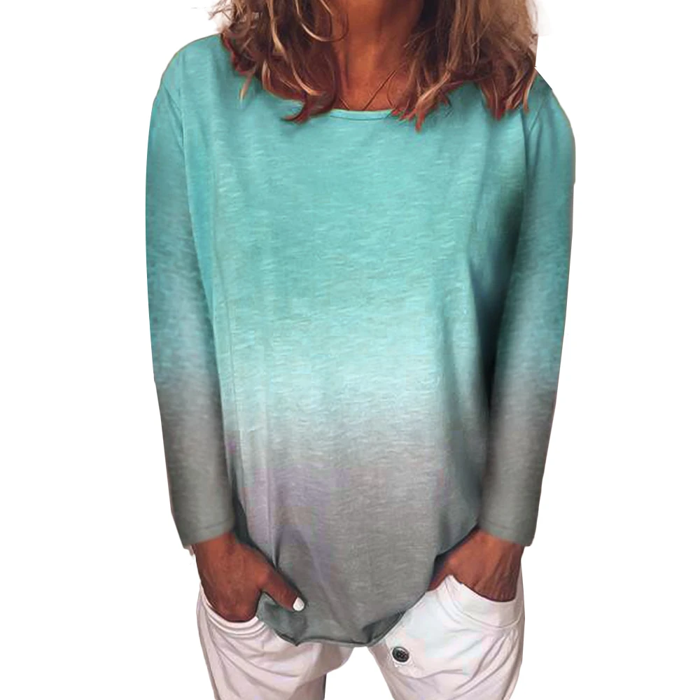 Joineles 5XL плюс Размер Радуга градиент печати блузки женские осенние футболки с круглым воротником и длинными рукавами женские повседневные топы, блузы