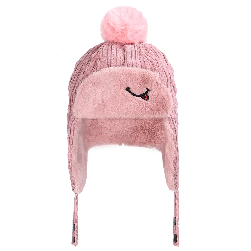 Pink Детская шапка с наушниками, зимняя теплая утолщенная Вельветовая хлопковая шапка для мальчиков/девочек, шапка, модные милые русские шапки, маска - Цвет: Pink