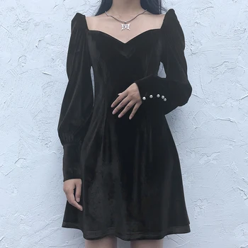 

Velvet Sexy Short Dress Square Neck Elegant Green High Waist Dress Buttons Long Sleeve Vintage Woman Dresses Large Size MM60LYQ
