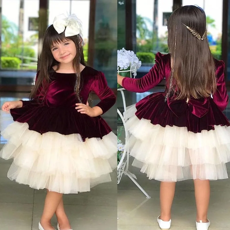 

Velvet Puffy Flower Girl Dresses Long Sleeves Illusion Back Wedding Party Bow Birthday Gowns Winter