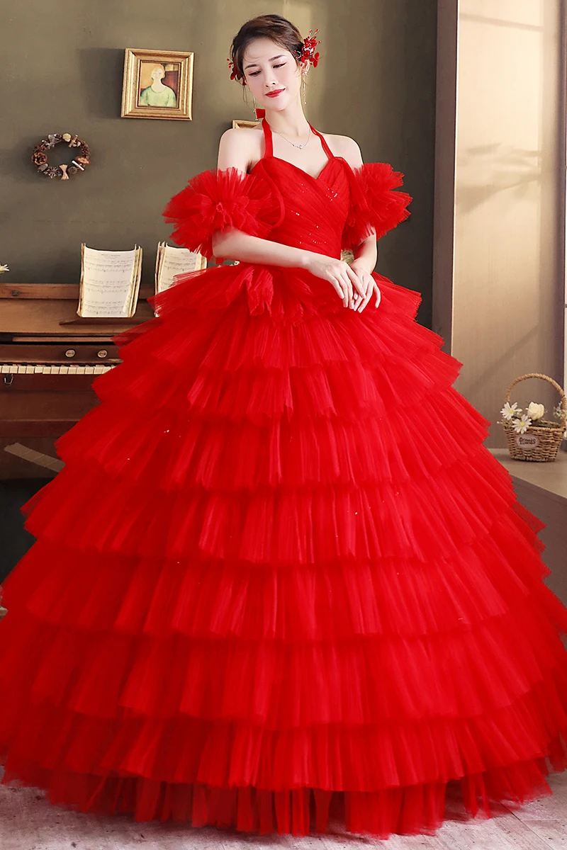 Red Halter Vestidos New Quinceanera Dresses Sweet Party Dress Stratum Ball Gown Off The Shoulder Robe De Bal Customize