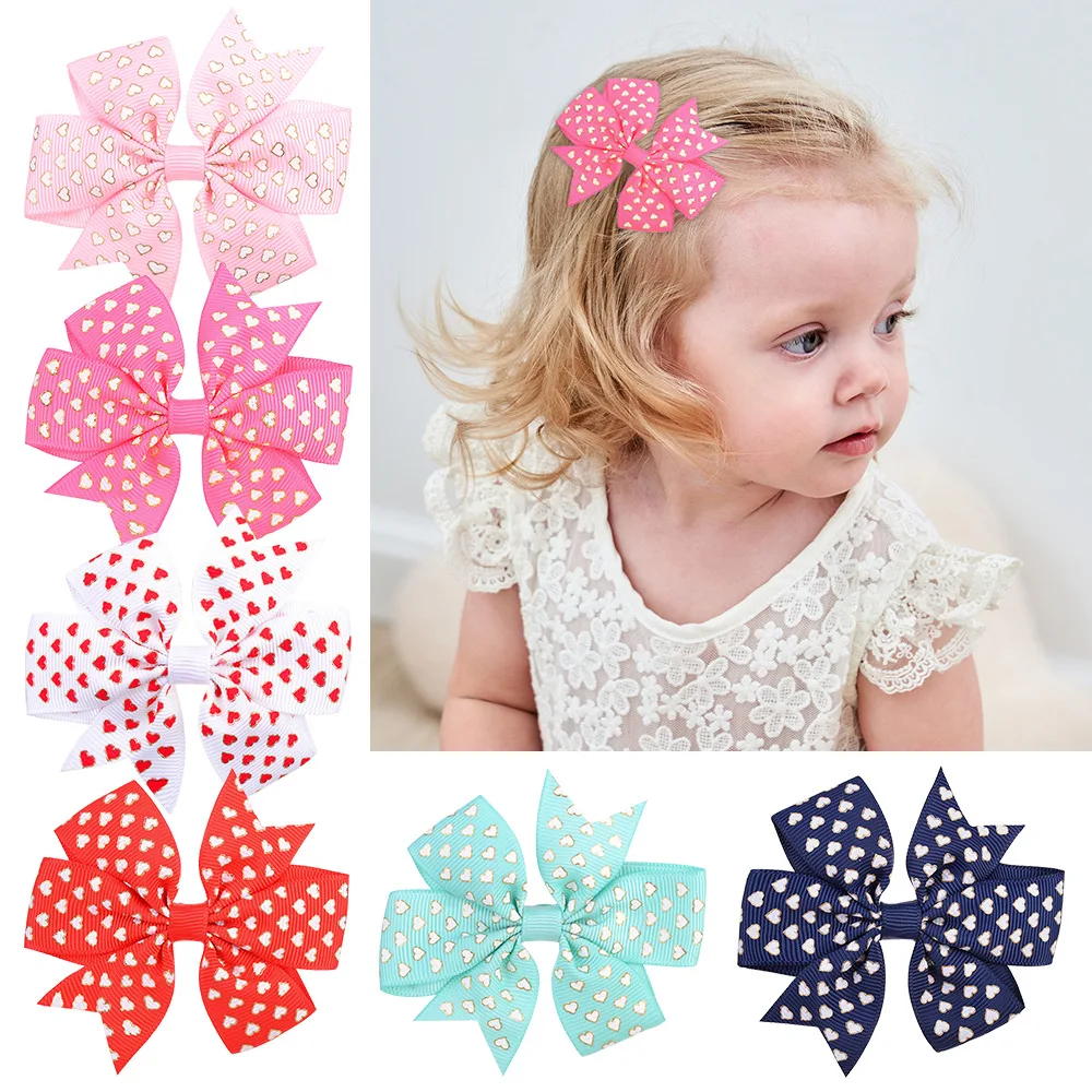 

60 PCS, Gold Foil Heart Printed Grosgrain Ribbon Hair Bow Clips, School Girl Boutique Pinwheel Bow Alligator Clips